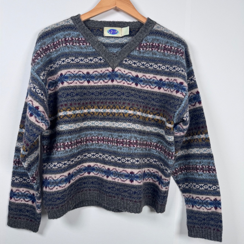 Fair Isle Wool Shetland Sweater Women L Gray VTG Grandpa Granola Scandi Layering